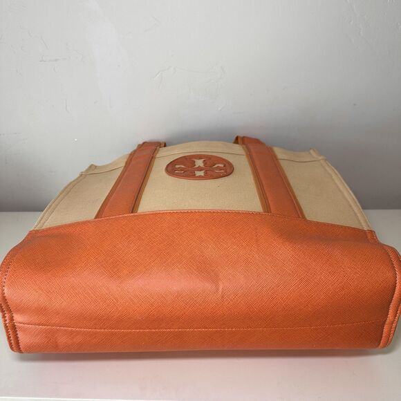 TORY BURCH Tote Bag Orange Leather Canvas Top Handle Limited Edition EUC Rare - Picture 4 of 9